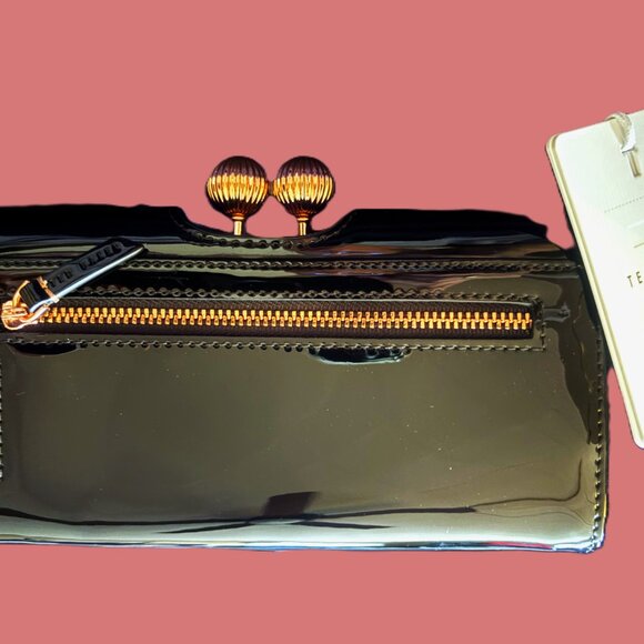 Ted Baker of London Black Patent Leather Rose Gold Kiss-Lock Wallet NWT - Picture 3 of 12